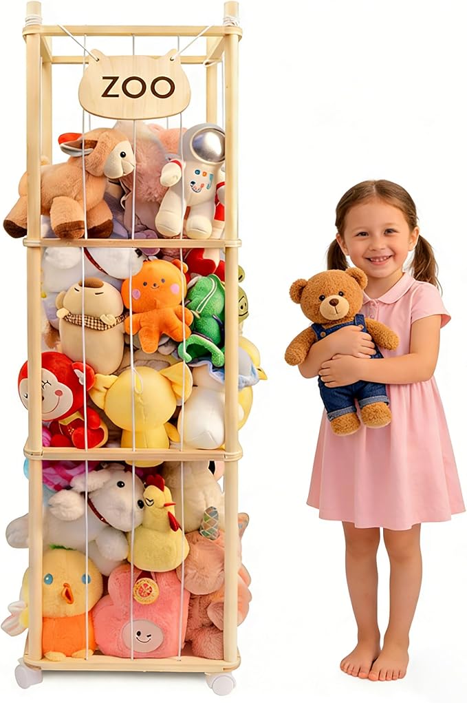 Stuffed Animal Storage, Wood Stuffed Animal Zoo Storage, Space Save Stuffed Animal Holder, Plush Toy Storage Organizer with Brake Wheels for Bedroom Playroom Nursery Bedroom