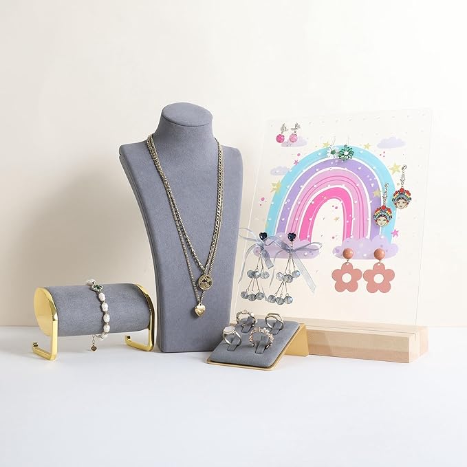 GemeShou Grey necklace storage organizer for sale, Velvet necklace holder stand, jewelry bust display stands, Jewelry Mannequin for Countertop, Showcase【Grey-Medium height 10.43 inch】
