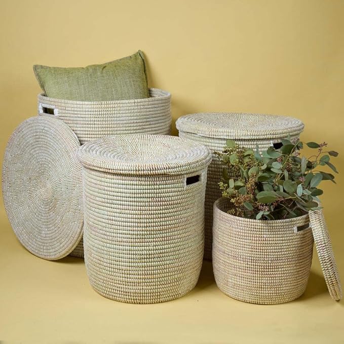 Storage & Organization, Decorative Baskets for your Home, Laundry Hamper, Baby Nursery Toys Bin, Living Room Blankets Storage, Towels Holder, Wicker, Woven, Lid, Wide, White, Set, 4pcs