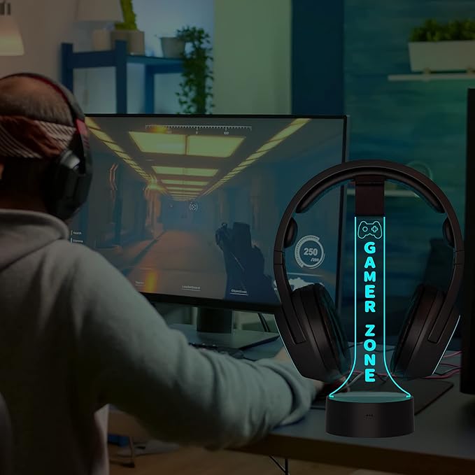 YuanDian Light up Headphone Stand for Desk, Gaming Headset Holder RGB with 16 Color Lights for Game Room Decor, Cool Gamer Gifts for Men Boyfriend (Gamer Zone)