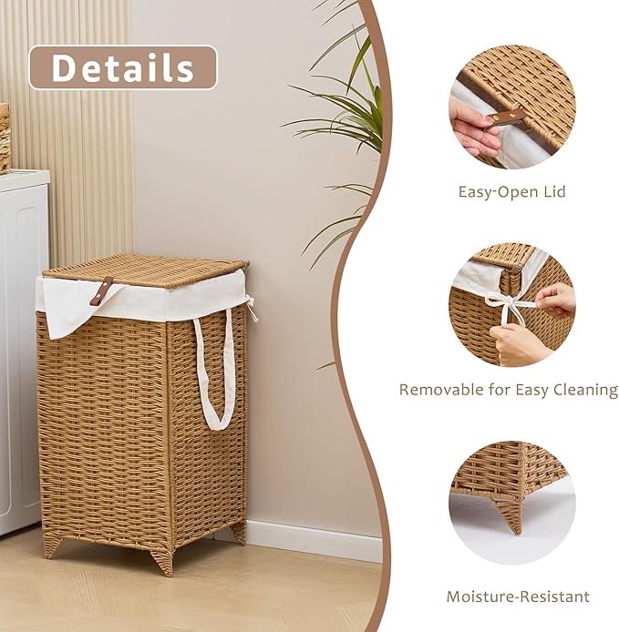 Laundry Hamper with Lid and Removable Liner Bag, Handwoven Rattan Clothes Hamper with Heightened Feet, Wicker Laundry Basket for Clothes and Towels，Small