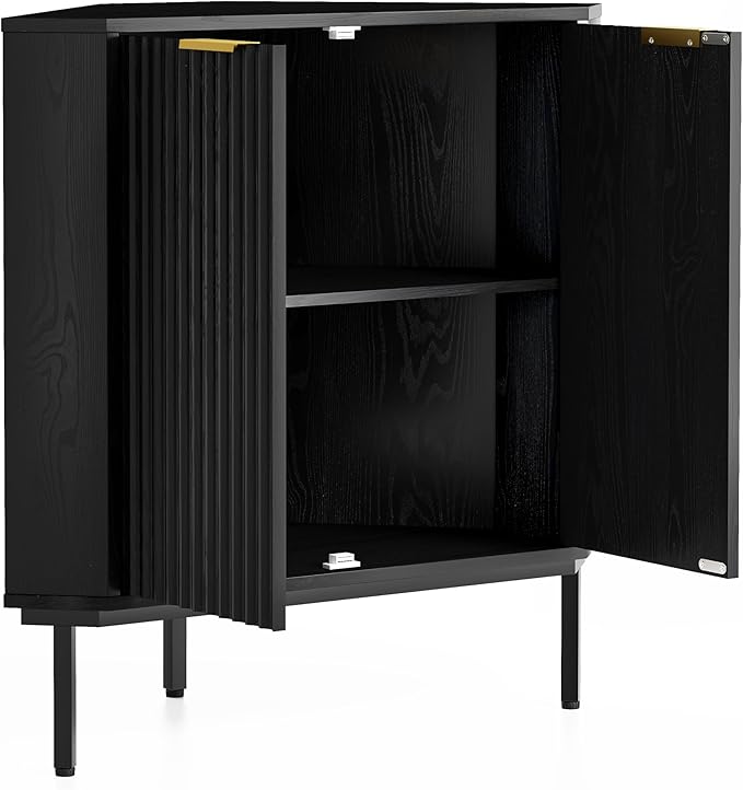 Modern Fluted Corner Cabinet, Wooden Small Floor Storage Cabinet with Adjustable Shelf & Metal Legs, Freestanding Narrow Organizer for Living Room Kitchen, Black