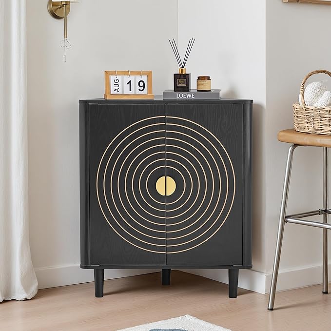 Small Corner Storage Cabinet, Modern Freestanding Floor Cabinet with Magnetic Door Lock and Adjustable Shelves, Small Space Corner Table for Bathroom, Kitchen, Dining Table, Living Room, Black