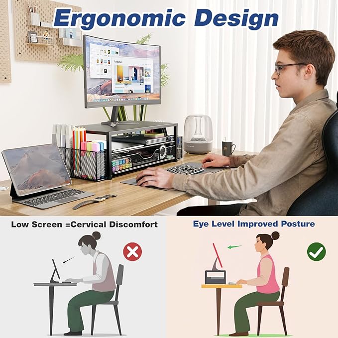 OPNICE Desk Organizer and Accessories, 2-Tier Computer Monitor Stand Riser with Drawer and 2 Pen Holders, Laptop Stand, Office Desk Accessories for Office Supplies, Black