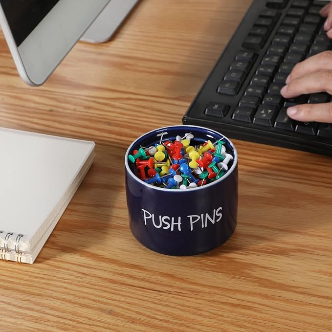 Ceramic Push Pins Holder, Paper Clips Dispenser Organizer for Desk and Binder Clips Holders Container for Office School Home Supplies 3.4Inch, Navy