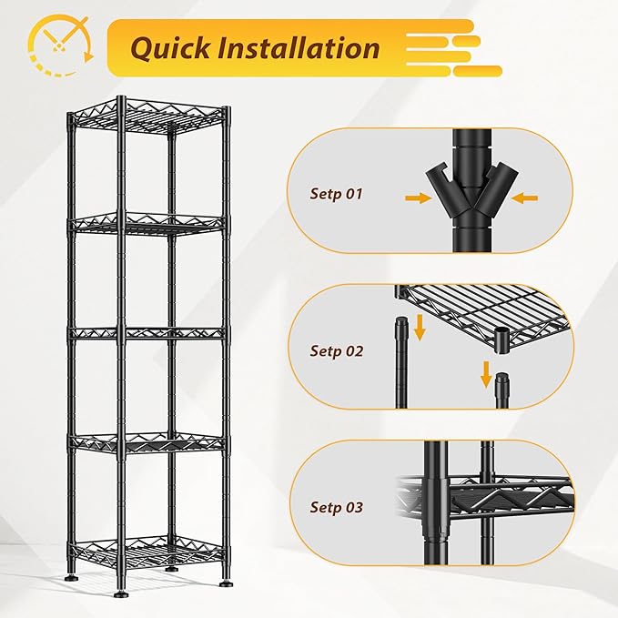 5 Tier Metal Shelving Unit Wire Shelves Storage Rack:Adjustable Storage Shelves Standing Bathroom Shelf and Narrow Shelf for Laundry Dorm Kitchen Pantry Closet Office 12''Wx12''Dx49''H Black