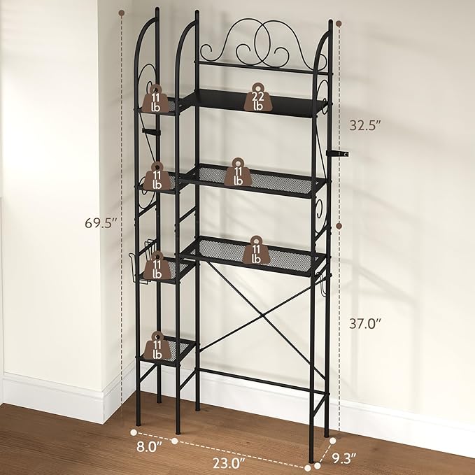 7-Tier Over the Toilet Storage Rack, Heavy-Duty Metal Bathroom Organizer with Adjustable Shelf, Toilet Paper Holder & Side Hooks, Space Saver for Small Bathrooms, Laundry Room & Apartments, Black