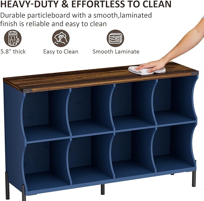 8 Cube Storage Shelf Organizer, Low Book Shelf Bookcase Entryway Table, Wood Closet Storage Display Cabinet TV Stand for Living Room, Office,Bedroom, Dorm, Blue with Natural Top