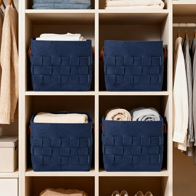 Bold monkey Storage Basket 3 Pack, Medium 10" x10" x10 " Baskets for Shelves with Leather Handle, Cube Felt Fabric Storage Box for Bedroom, Nursery, Living Room -Navy blue