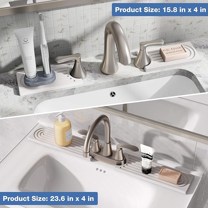 DK177 Faucet Mat for Kitchen Sink - Water Absorbing Stone Tray for Sink, Painted Wood Fast-Drying Faucet Mat, Faucet Splash Guard for Bathroom Counter (White, 15.8" x 4")