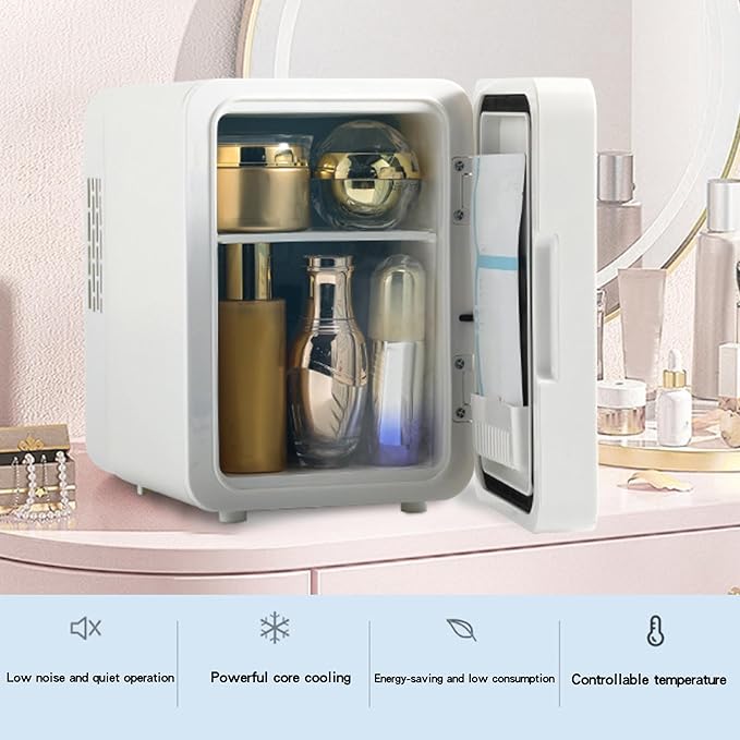 Mini Fridge with Mirror Door & Adjustable LED Lights - 8L Cosmetic Skincare Fridge for Bedroom,Dorm,Mini Car Refrigerator Portable Quiet Cooling,Gift for Women