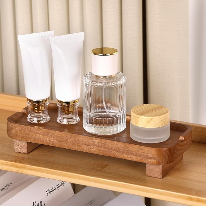 Wood Riser Small Decorative Tray Sink Soap Dish, Vanity Tray Pedestal Stand 8.7 x 3.6 inches (Light Brown)