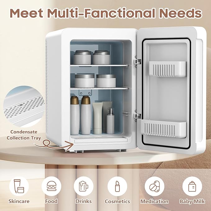 20L Skincare Fridge with Mirror & LED Lighting, 3-Mode Dimmable, Cooler & Warmer with Drip Tray for Makeup, Cosmetic, Beauty, Mini Beauty Fridge for Bedroom, Vanity, Car & Home Use