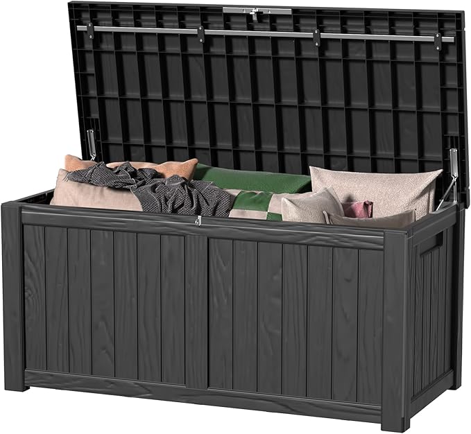 120 Gallon Deck Box,Resin Outdoor Storage Box with Lockable for Patio Furniture, Pool Tools, Garden Tools Waterproof Outside Storage Box (Black)