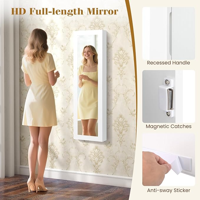 Giantex Wall or Door Mounted Jewelry Cabinet with Full Length Mirror, Over The Door Jewelry Armoire Organizer with Lights, Large Storage with Necklace Hooks, Earring Slots & Shelves (White)