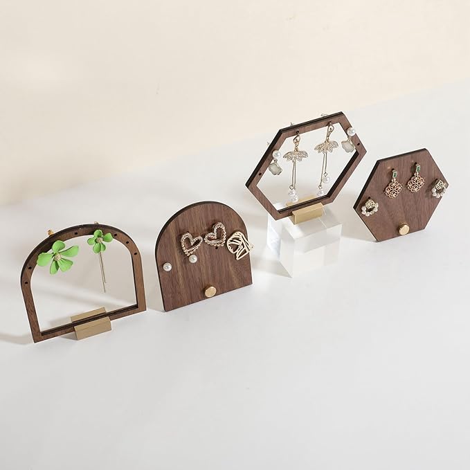 GemeShou 3pcs wooden jewelry earring organizer holder, walnut earring studs stand for boutique store, cute earring display for selling with 6 holes on each【Earring stand-Arch-3pcs】