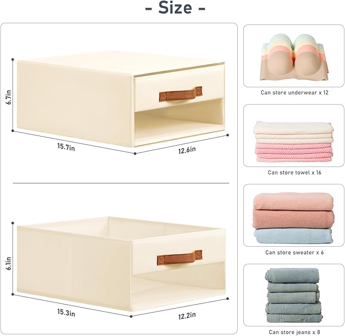 DIMJ Closet Organizers and Storage - Fabric Bins with Drawers for Closet Foldable Clothes Organizers with Clear Window, Stackable Storage Drawers for Bedroom, Living Room, 4-Pack, Beige