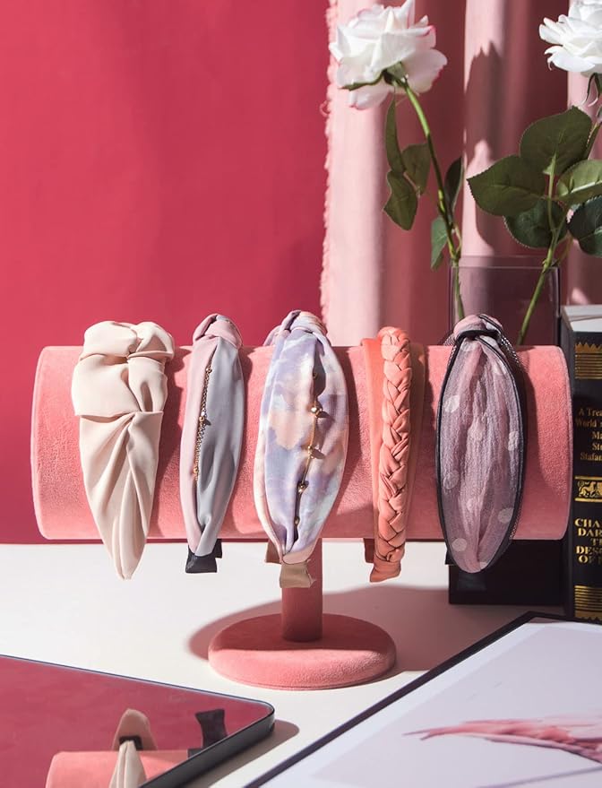 T-Bar Headband Holder Organizer for Show, Soft Velvet Hairband Stand Display, Hair Hoop Accessories Jewelry Storage for Home Bedroom (Peach Velvet)