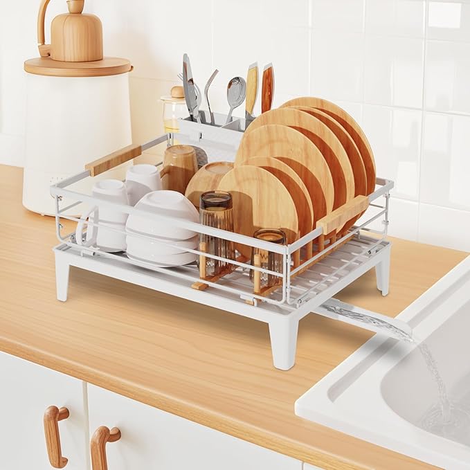 JYPS Dish Drying Rack for Kitchen Counter Decor with Drainboard Auto-Drain，Rustproof Dish Rack Drainers with Utensil Holder, Wooden Handles，360° Rotatable Drainer, Higher Legs (White)