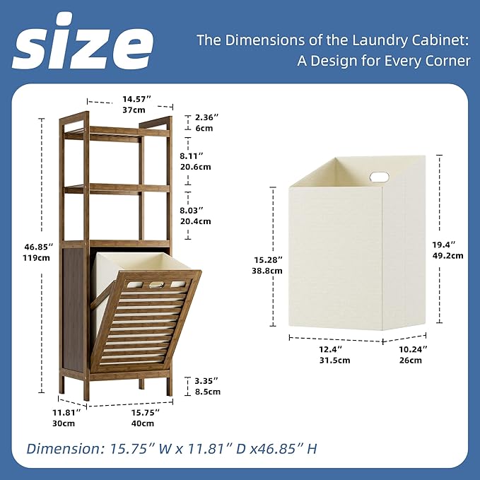 HITNET Bamboo Tilt Out Laundry Hamper, Bathroom Storage Cabinet with Hidden Removable Basket and 3 Open Shelves, Space Saving Bamboo Storage for Clothes, Towels and Toys, Walnut