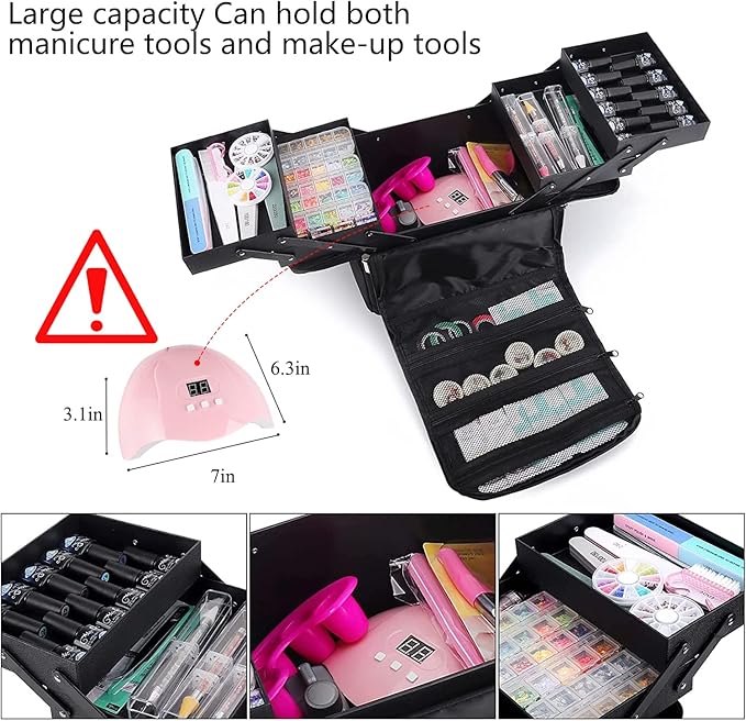 Large Makeup Carrying Train Case for Women, Black Travel Bag Storage Box,4 Tier Professional Nail Organizer Case with Adjustable Dividers for Nail Tools Jewelry MakeUp Brushes