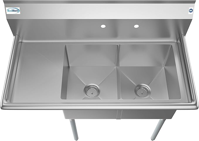 KoolMore 2 Compartment Stainless Steel NSF Commercial Kitchen Prep & Utility Sink with Drainboard - Bowl Size 14" x 16" x 11"