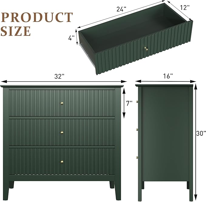 RoyalCraft Green Fluted 3 Drawer Dresser, 32 inch Wide Dresser Nightstand for Bedroom, Modern Wood Chest of Drawers, Large Painted Nightstand with 3 Drawers for Closet, Hallway, Entryway