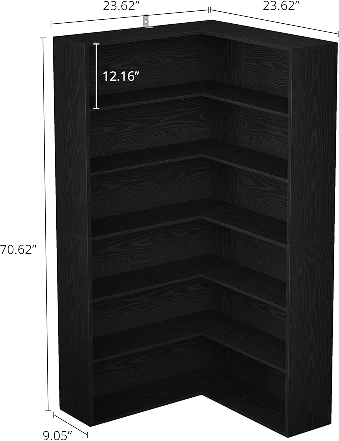 ANCTOR Corner Bookshelf, 6 Tiers Corner Bookcases with Baffles Etagere Shelf Storage Rack for Living Room Home Office, Black