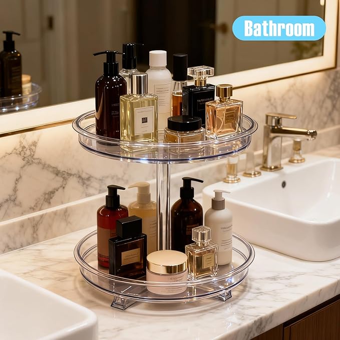 2 Tier Lazy Susan Organizer,9.7 Inch Lazy Susan Turntable for Cabinet,Rotating Spice Rack Organization for Kitchen,Refrigerator, Bathroom, Clear