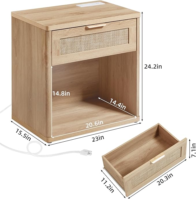 LEYAOYAO Rattan Nightstands Set of 2 with Charging Station, Natural Wood Night Stand with Drawer, 23" Wide Boho Bedside Table with Storage Shelf, Bed Side End Tables for Bedroom, Living Room, Hallway