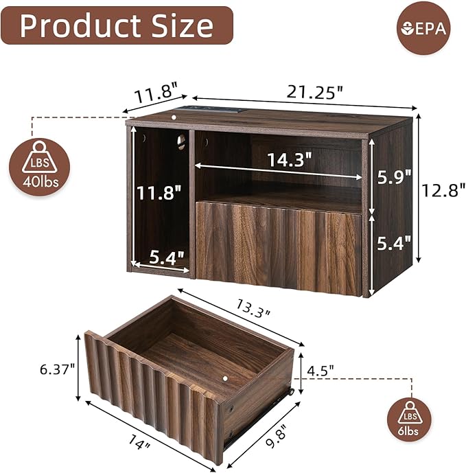Modern Walnut Fluted Floating Nightstand with Charging Station, NightStand with Drawers, Bedside with USB Ports and Outlets, Bedroom Furniture (Left)