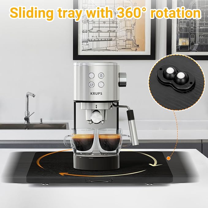 Sliding Tray for Coffee Maker, 360° Rotating Appliance Slider for Kitchen Appliances, Wooden Sliding Tray Suitable for Kitchen Countertops and Kitchen Appliances (Black, Small)
