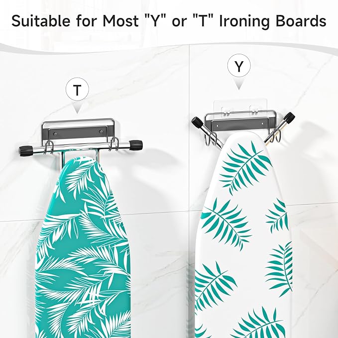 Ironing Board Hanger Wall Mount, Ironing Board Holder for T or Y Leg, Stainless Steel Iron Board Hanger, Laundry Room Wall Hook for Iron Board Holder (Black)