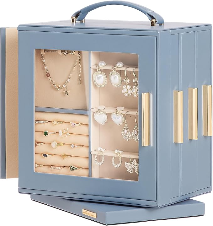 Homde Christmas Gifts Jewelry Box 360° Rotating, Necklace Earring Organizer with Transparent Window, Mirror, 7 Drawers, Large Ring Display Storage Case for Girls Women (Grey Blue)