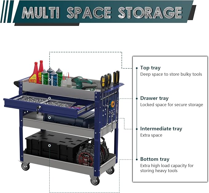 3 Tier Rolling Tool Cart on Wheels with Locking Drawer - Metal Service Cart Industrial Utility Cart for Mechanic - 350 LBS Mobile Storage Organizer for Garage. (Gray-Blue)