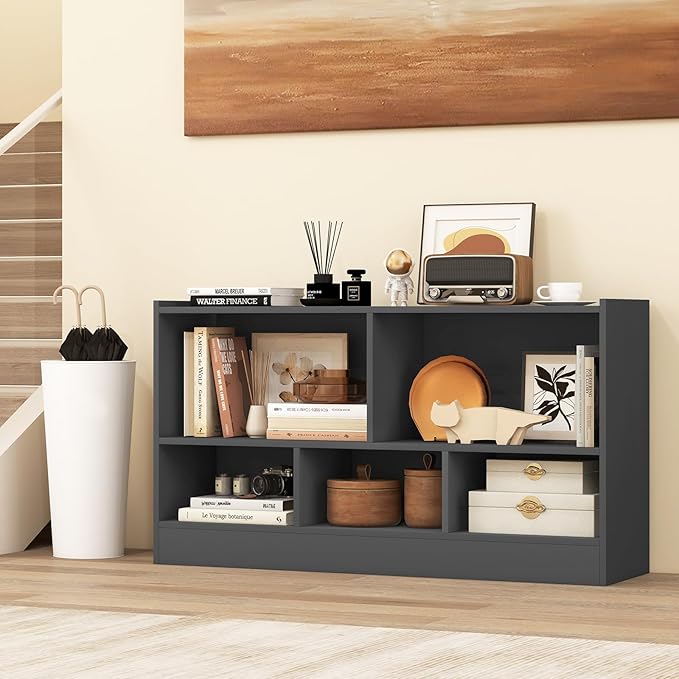 Giantex 5-Cube Bookcase, Freestanding 3-Tier Bookshelf with Spacious Top & Raised Base, Modern Display Storage Organizer, Multipurpose Book Shelf for Living Room, Bedroom, Playroom (Grey)