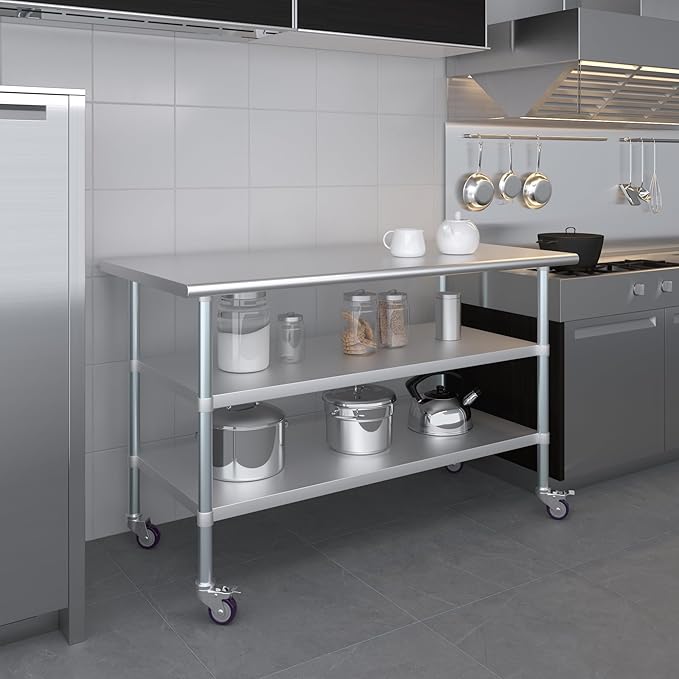 AmGood Stainless Steel Work Table with 2 Shelves and Casters | Metal Utility Table On Wheels (Stainless Steel Work Table with 2 Shelves + Casters, 60" Long x 30" Deep)
