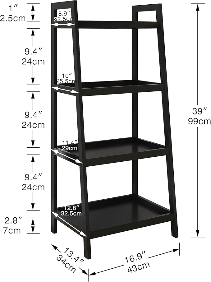 SMIBUY Bamboo Ladder Bookcase, Bathroom Storage Rack Organizer, 4 Tier and 5 Tier Freestanding Plant Display Stand Space Saver Shelves for Bedroom, Kitchen, Balcony (Black, 4 Tiers (39" H))