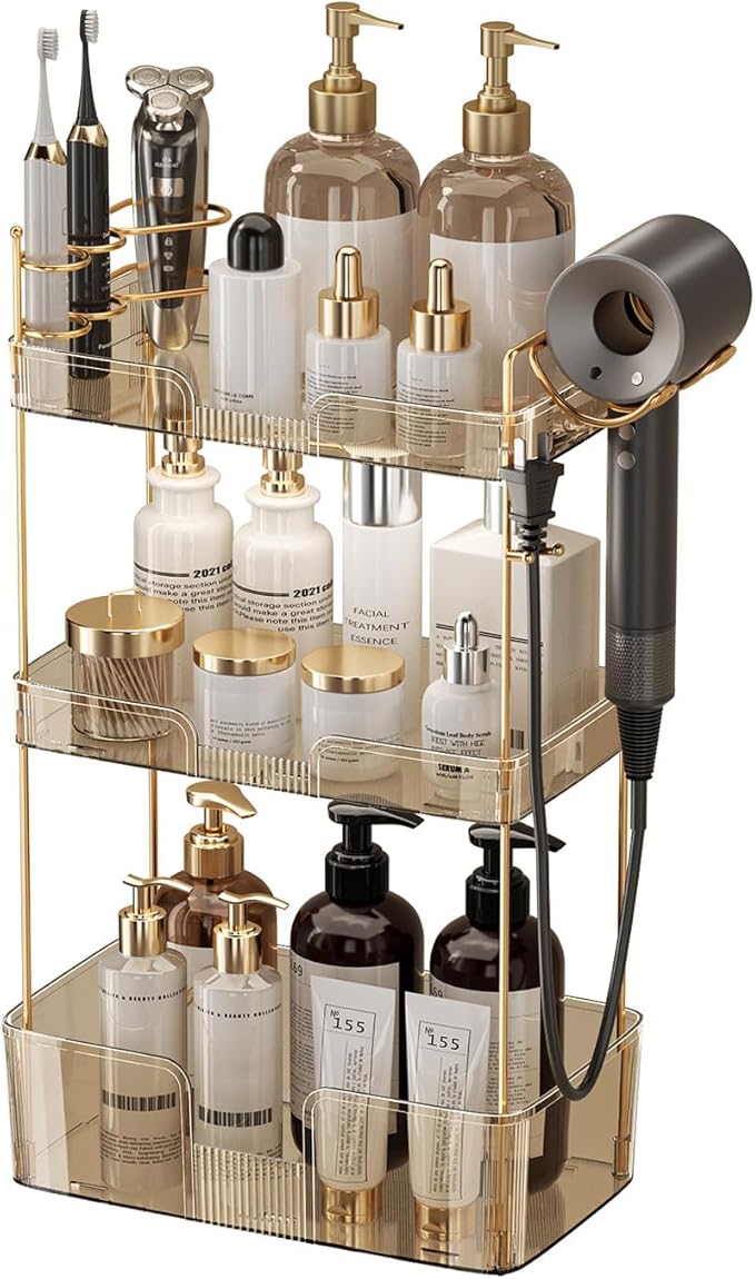Aveniee Bathroom Counter Organizer,3 Tier Skincare Perfume Countertop Storage with Hair Dryer Rack and Toothbrush Holder, Cosmetic Makeup Tray for Vanity - Gold