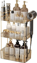Aveniee Bathroom Counter Organizer,3 Tier Skincare Perfume Countertop Storage with Hair Dryer Rack and Toothbrush Holder, Cosmetic Makeup Tray for Vanity - Gold