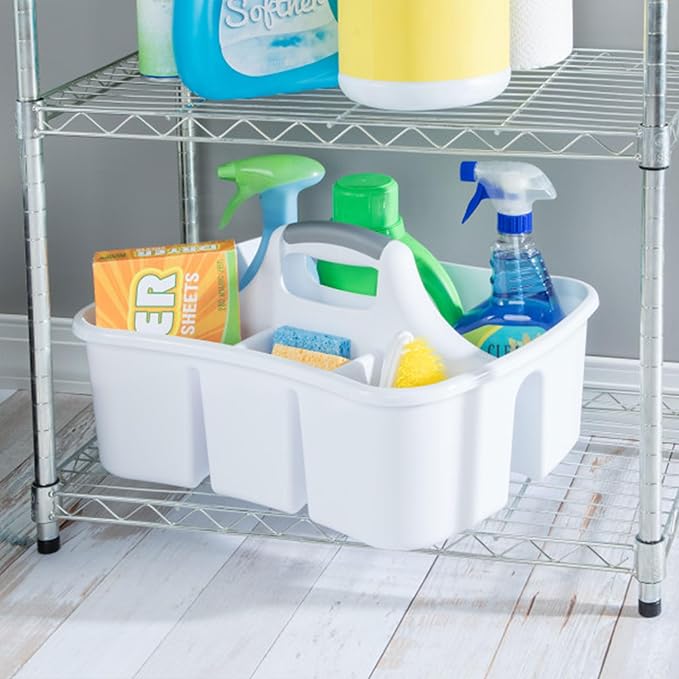 Sterilite Divided Ultra Caddy, Plastic, Portable Storage to Hold Bathroom and Cleaning Supplies, 5 Large Compartments and Handle, White, 18-Pack