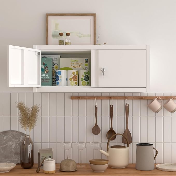 Floating Storage Organization for RV, Hanging Cabinets with Key, 13” H 2 Door Locking Wall Storage Cabinet for Kitchen, Pantry, School, Wall Storage with Lockable Doors, Assembly Required