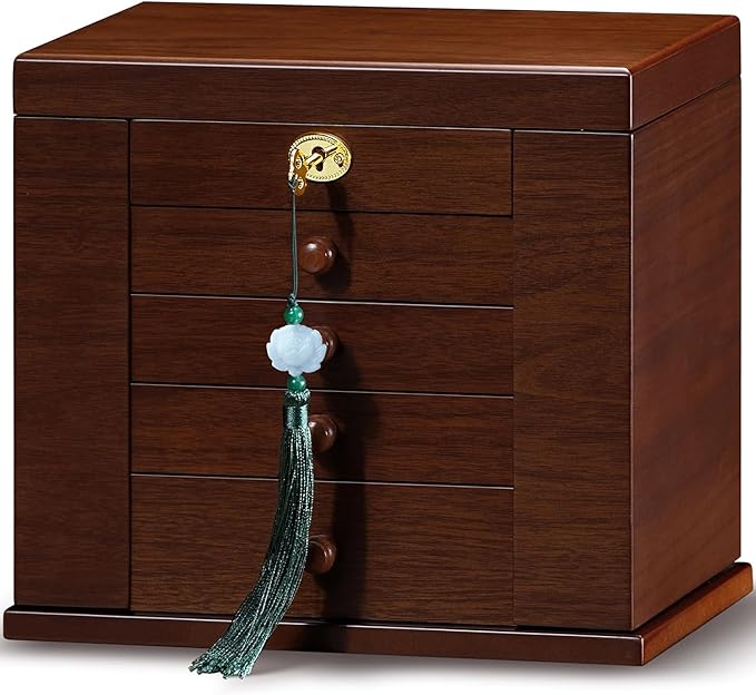 Lockable Wooden Jewelry Box for Women - 8-Layer Dresser Top Jewelry Boxes and Organizer with Key,Large Storage for Necklaces,Solid Wood Jewelry Organizers with Necklace Hooks