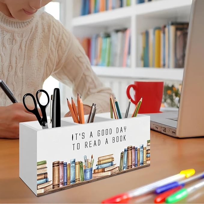 Book Lover Gifts Pen Pencil Holder Organizer for Desk Accessories, Reading Nook Corner Decor, It's a Good Day to Read a Book Wooden Box Signs Decorations for Home Classroom Desk Tabletop