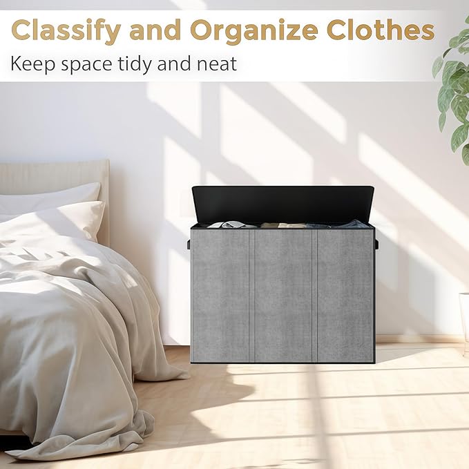 180L Laundry Hamper 3 Section, Large Laundry Basket with Lid, Laundry Basket Organizer with Handles, Grey Divided Laundry Baskets, Clothes Hampers for Laundry, Bedroom, Bathroom
