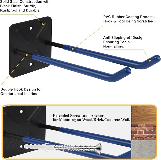 Steel Garage Storage Hooks Wall Tool Organizer, 10 Inch Garage Hook Heavy Duty Utility Storage Hangers Blue for Ladders, Chairs, Garden Tools, Set of 4