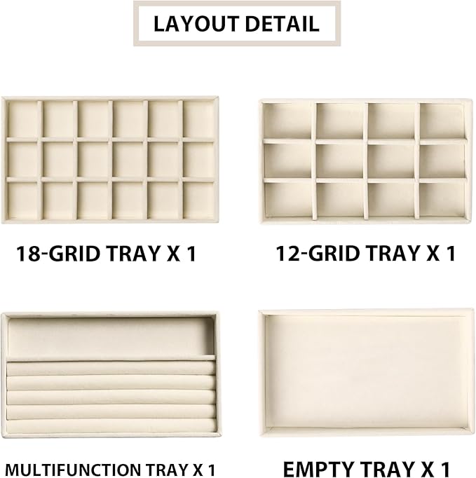 Frebeauty Jewelry Organizer Tray,Stackable Velvet Jewelry Trays,Drawer Inserts Earring Organizer For Women Jewelry Storage Display Case for Rings Stud Necklaces,Set of 4(Beige)
