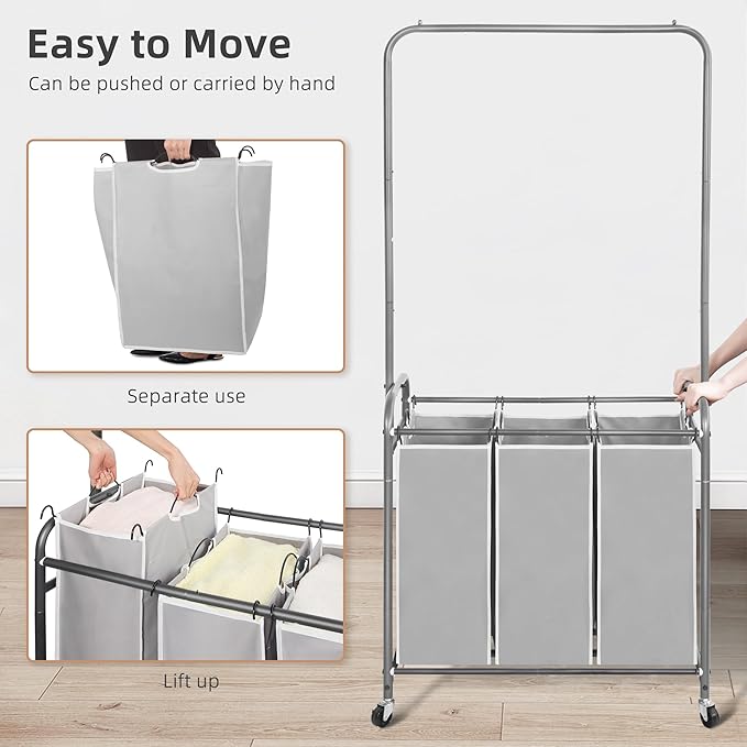 STORAGE MANIAC 136L Laundry Sorter with Hanging Bar, Portable, Removable Laundry Hamper Cart with Heavy Duty Rolling Lockable Wheels and Removable Bags, Rolling Laundry Basket Organizer, 3 Section