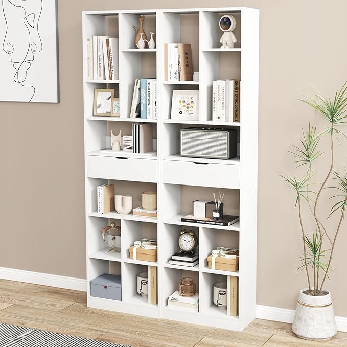 Giantex 71" Bookcase with Drawer Set of 2, Tall Freestanding Bookshelf with 10 Open Cubes, Floor Display Shelving Unit, Modern Storage Organizer for Living Room, Bedroom, Study, White