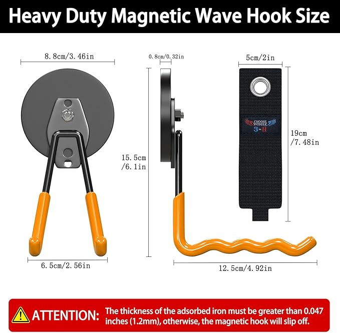 3-H Magnetic Wave Hooks Heavy Duty 2 Pack, Large Magnet Garage Hooks Heavy Duty and Strong Utility Magnetic Tool Holde for Hanging and organizing Garden Power Tool (Orange
